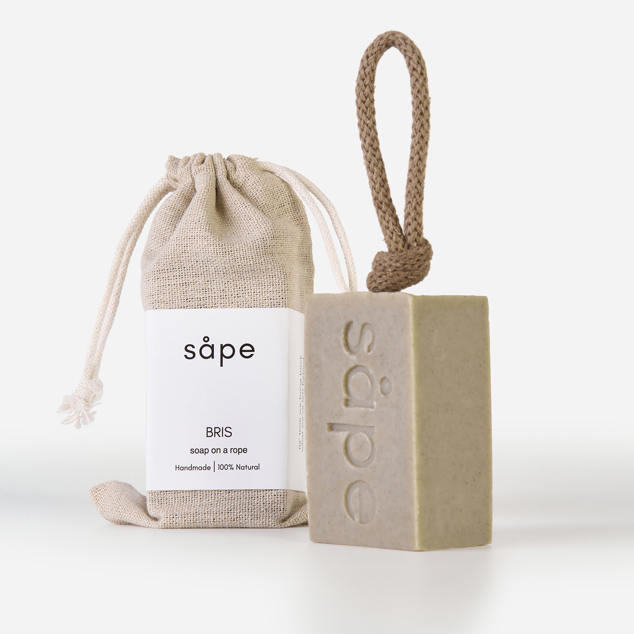 Bris soap with reusable cotton bag – handmade Dead Sea clay soap bar on a rope