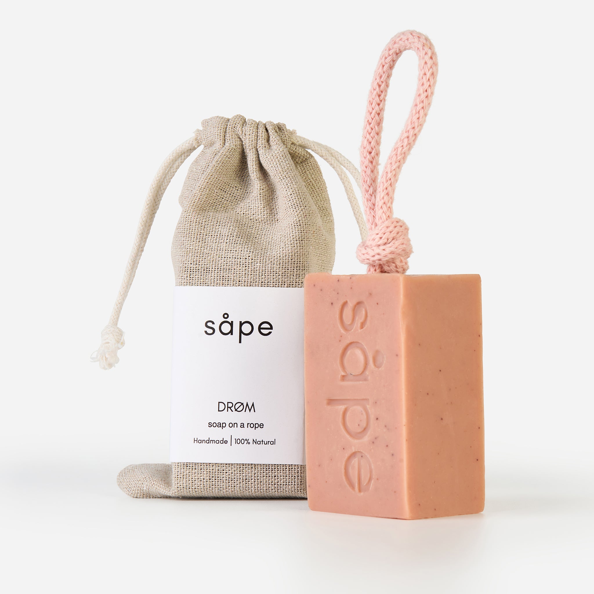 Drøm pink clay soap with cotton bag – lavender and ylang-ylang soap on a rope UK