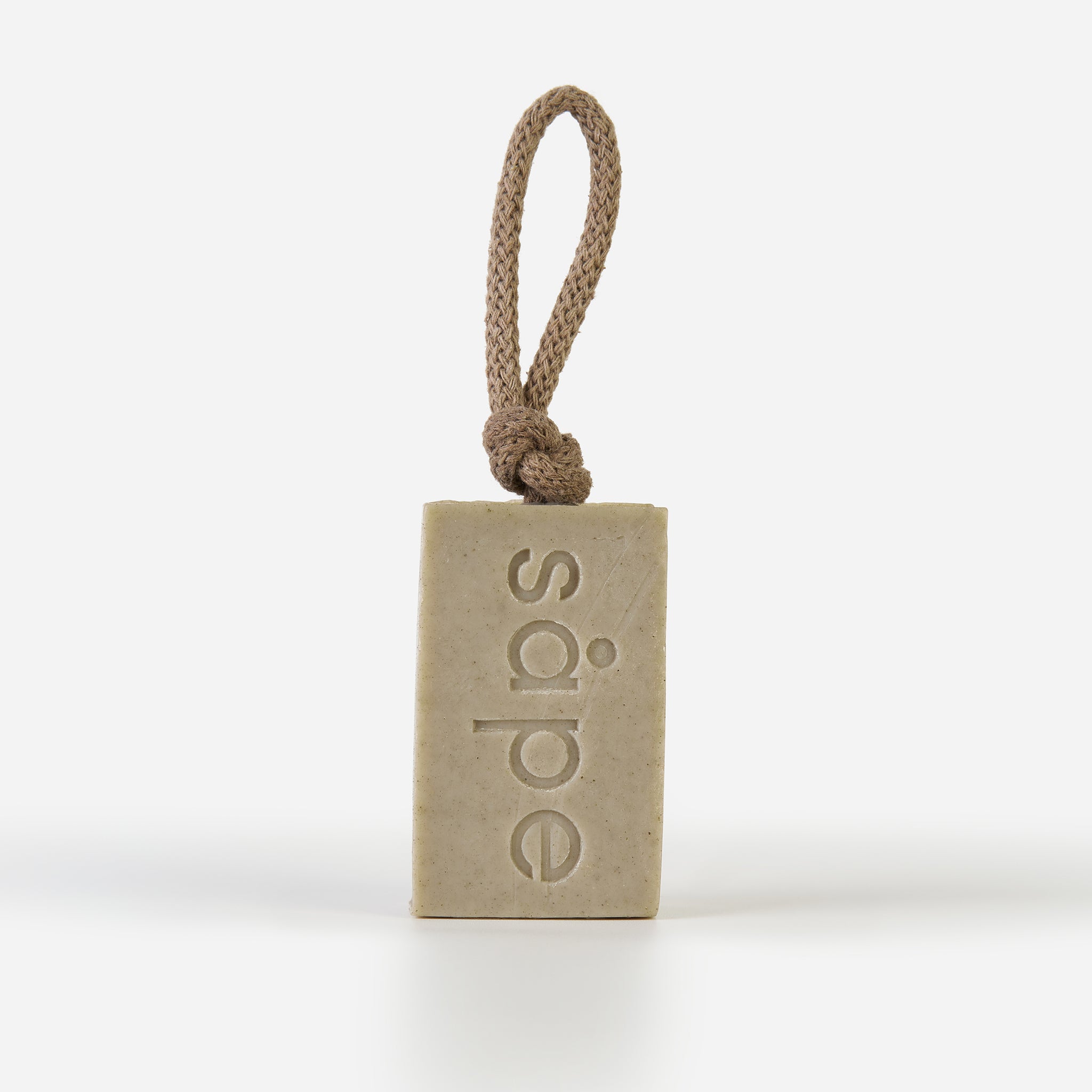 Front view of Bris Dead Sea clay soap on a rope – natural detox soap handmade in the UK