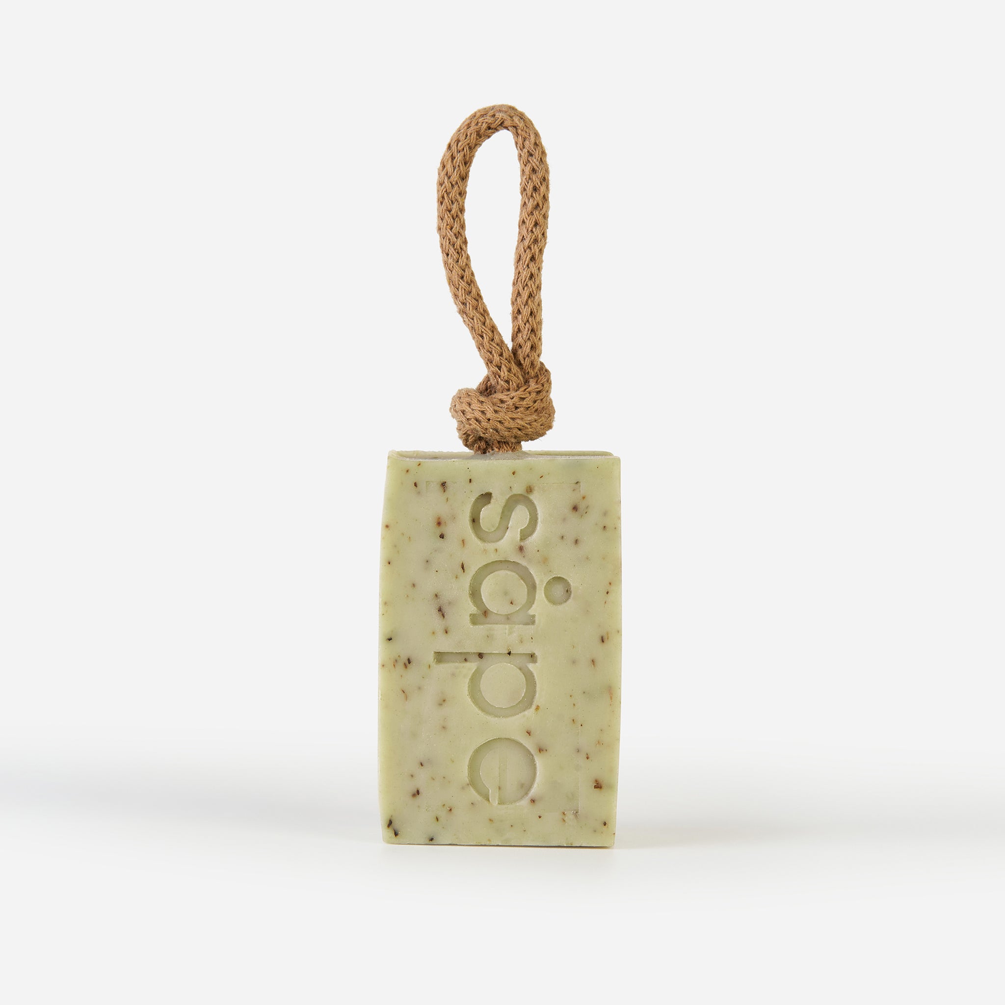 Front view of Frisk green clay and mint soap on a rope – refreshing natural soap UK