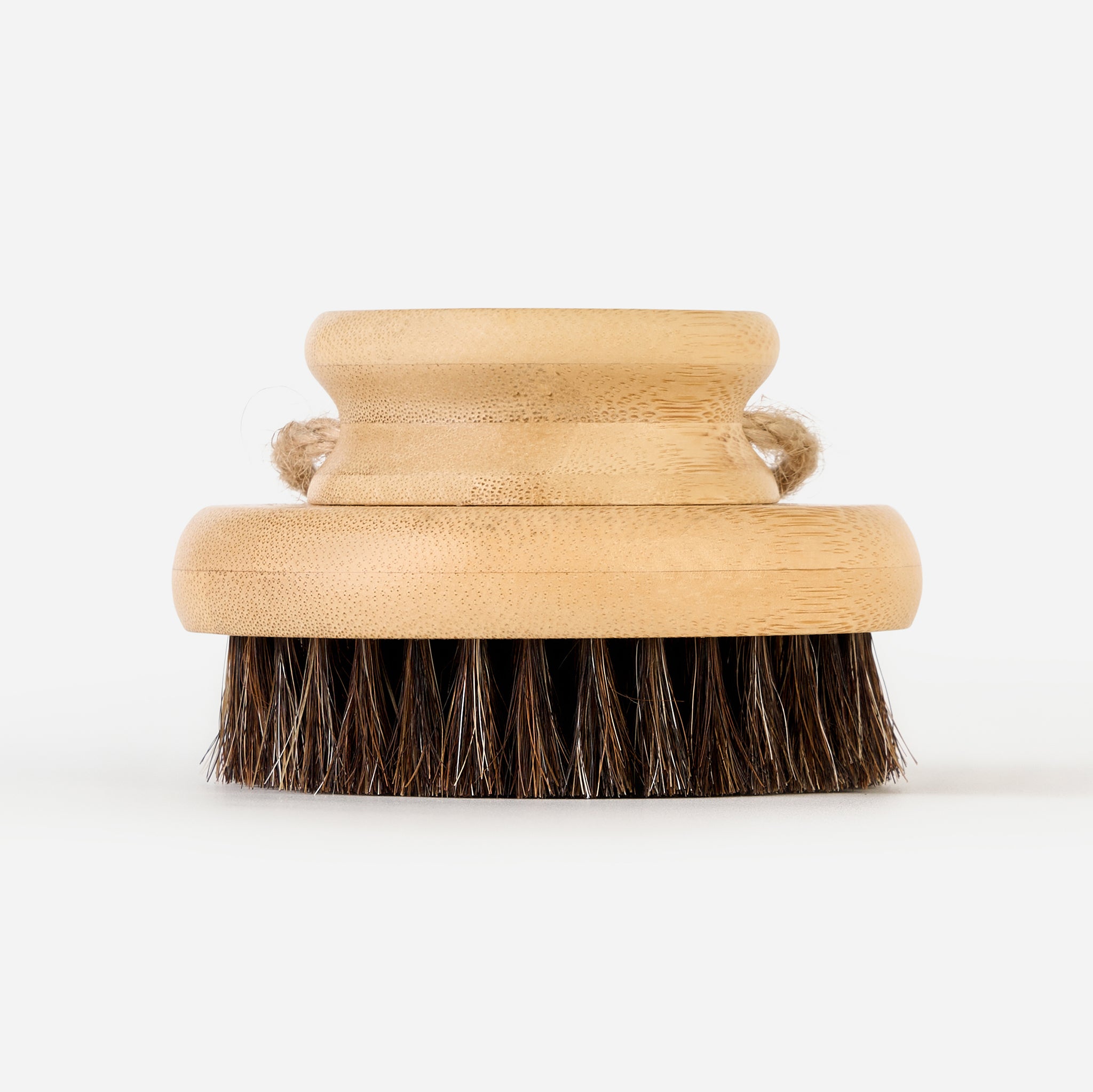 Front view of Horsehair Body Brush with natural bamboo handle and soft bristles