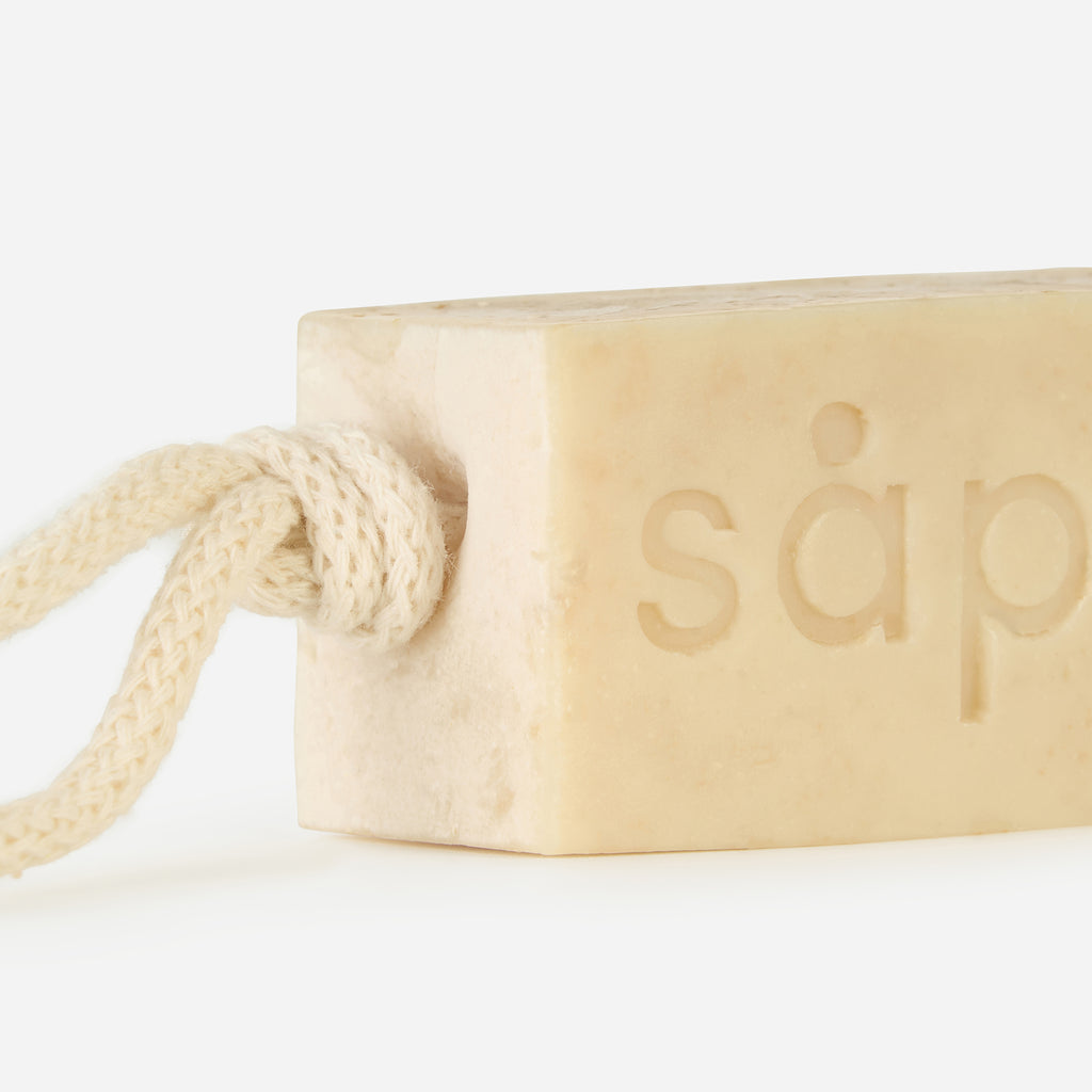 Close-up of Havre handmade soap on a rope with details