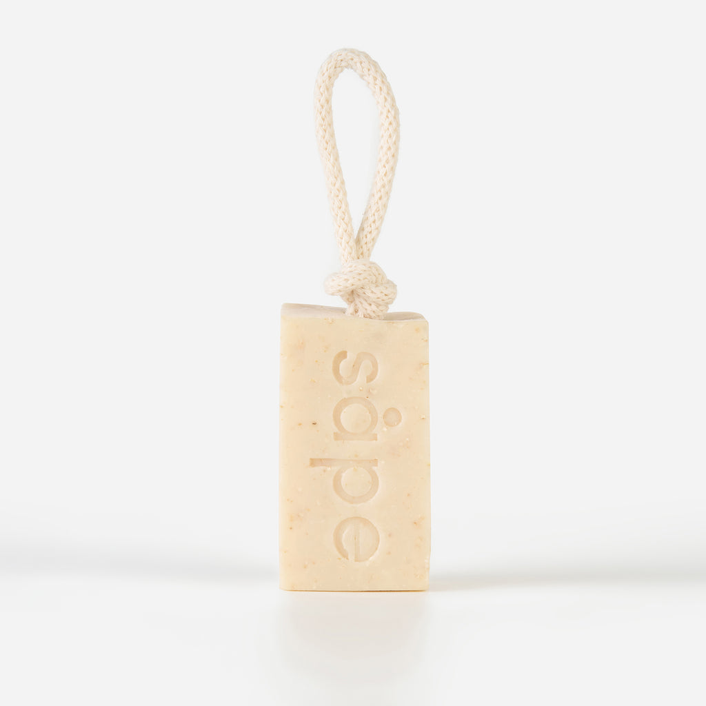 Front view of Havre oatmeal soap on a rope – soothing handmade soap for sensitive skin